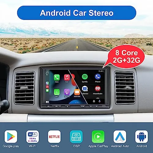 Android Double Din Car Stereo Radio Wireless CarPlay & Wireless Android Auto, 7in Touchscreen Head Unit with Dual Bluetooth, Split Screen, DSP, AHD Backup Camera, GPS/USB/AUX/SWC/AM/FM/RDS/Subwoofer