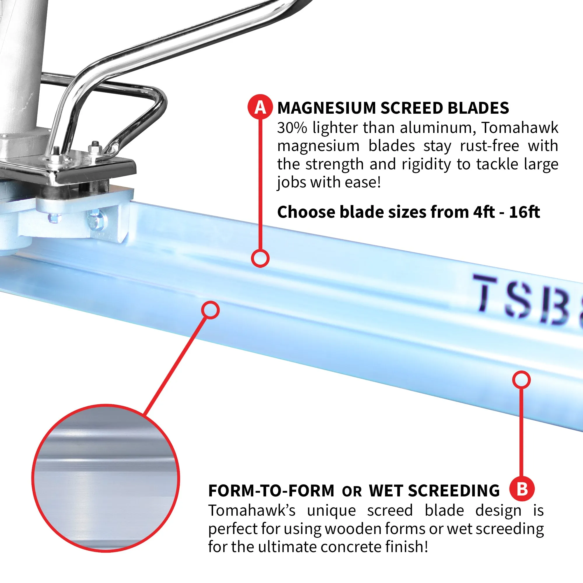 PRO Series Magnesium Power Screed Concrete Finishing Blade (Choose 4ft, 6ft, 8ft, 10ft, 12ft, 14ft, 16ft)