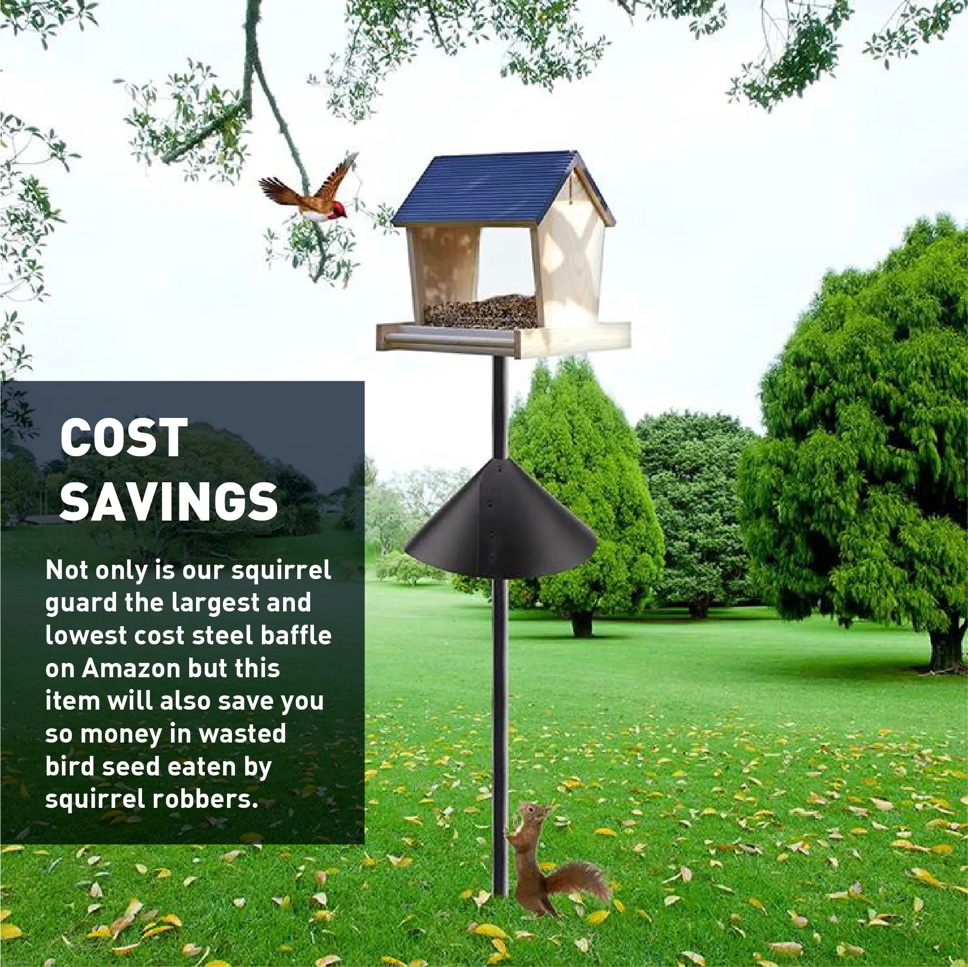 Squirrel Proof Bird Feeder Baffle Guard – Pole Mount and Hanging - Powder Coated Steel – Wrap Around Heavy-Duty Steel Design – Includes All Accessories – Black - 18 Inch Diameter – 1 Pack